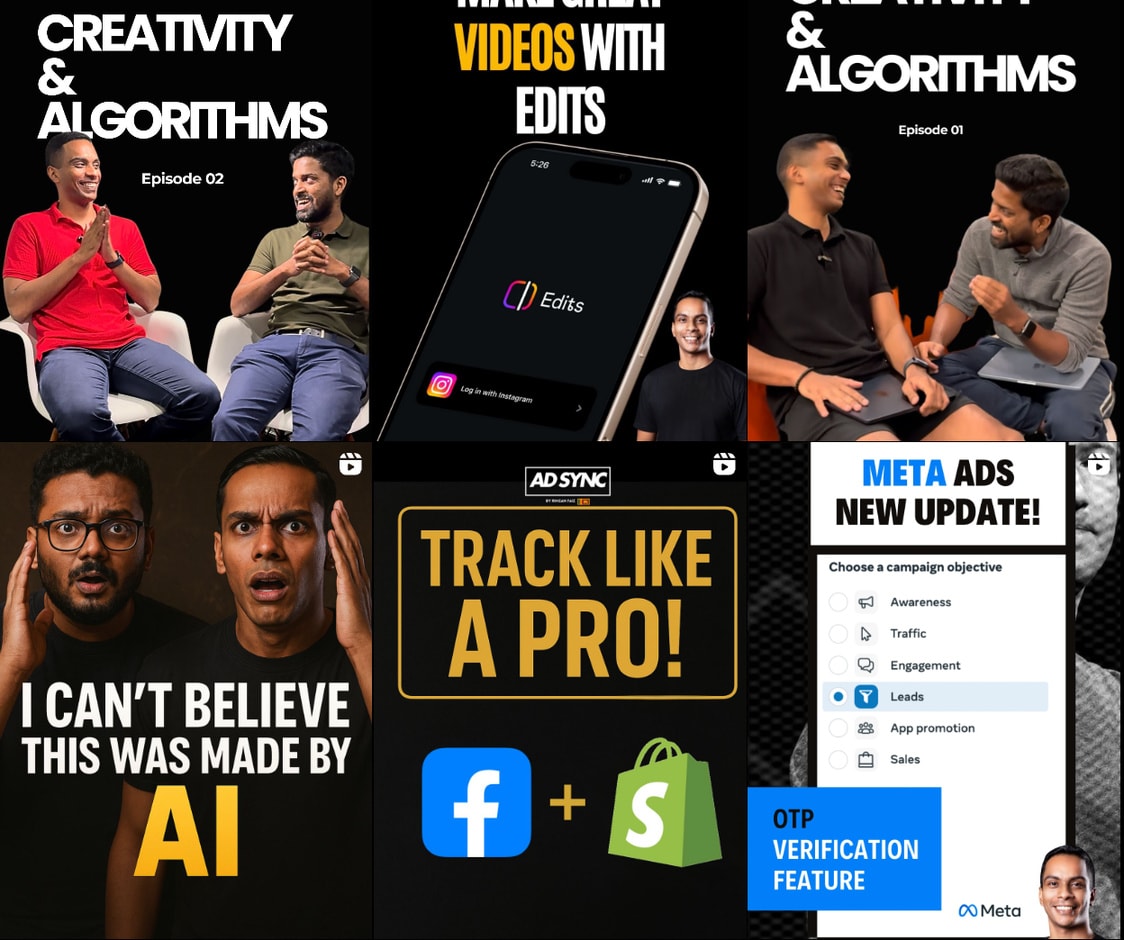 AdSync content covers: Creativity & Algorithms, Track Like a Pro, Meta Ads New Update